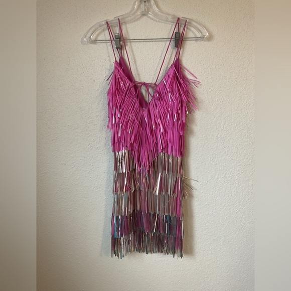 ASOS Design Cami Mini Dress with Embellished Tassels in Pink and Silver Size 0 - Picture 6 of 14
